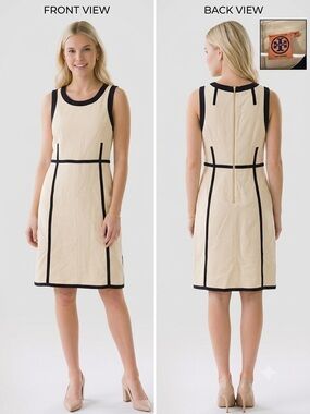 Tory Burch Beige Midi Shift Dress with Navy Trim